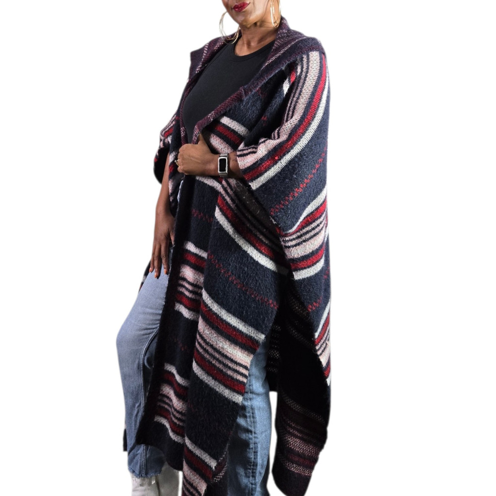 Free People Cold Canyon Poncho Blue Striped Sweater Duster Hooded Long One Size